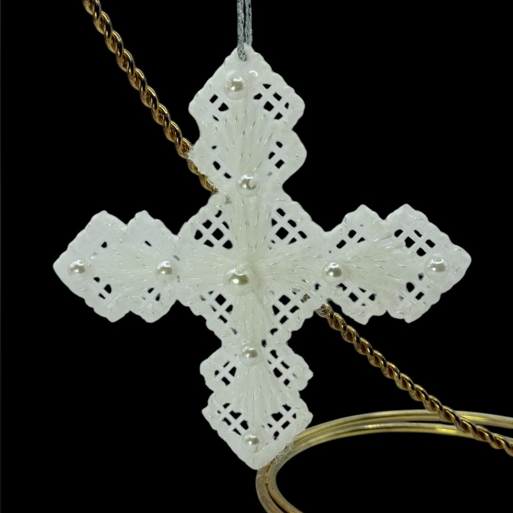 Vintage White Knit Lace, Pearl & Plastic Cross Christmas Ornament 4”